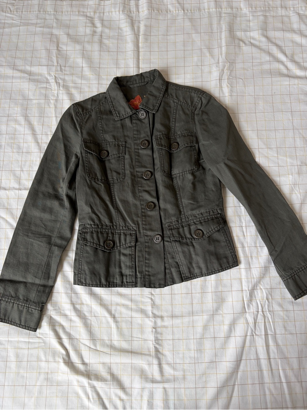 Women's Olive Utility Button-Front Jacket with embroidered flower on the back